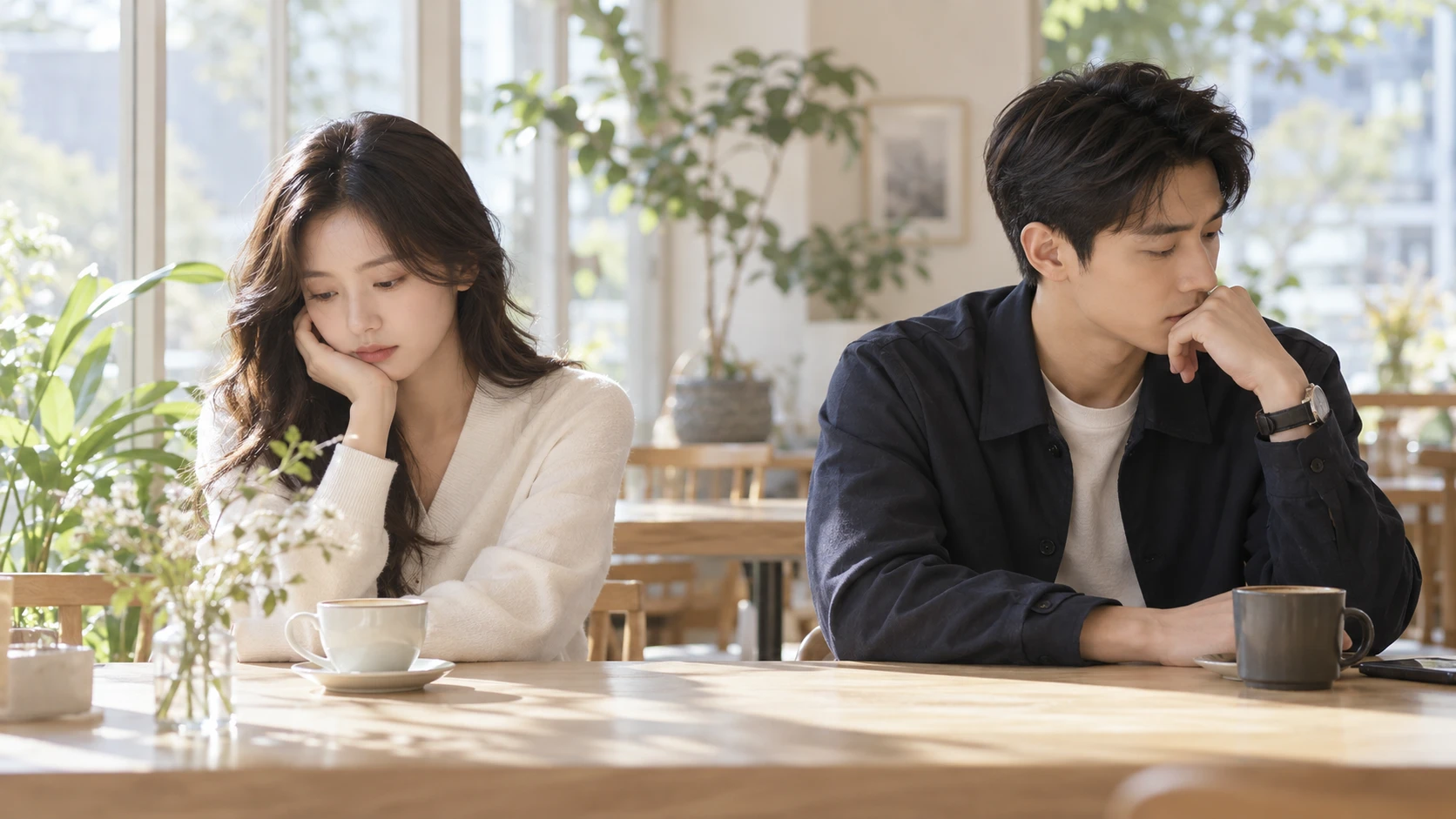 밝은 카페에서 서로 떨어져 앉아 각자 생각에 잠긴 두 사람