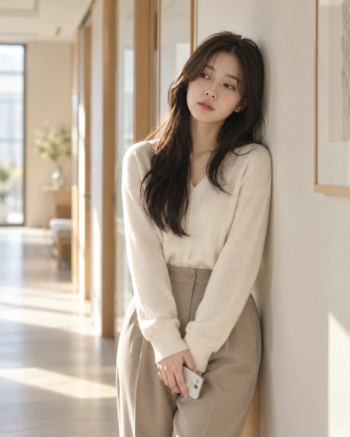 햇살이 드는 복도 벽에 기대어 스마트폰을 쥐고 생각에 잠긴 사람